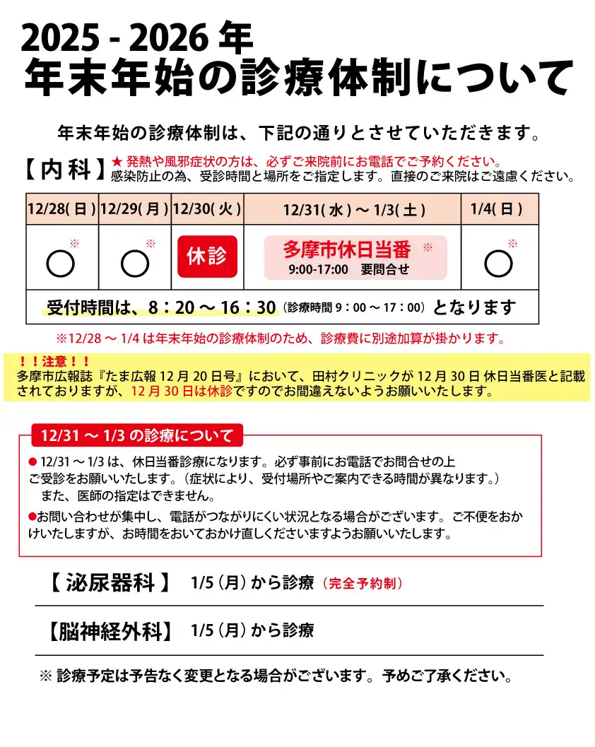 年末年始の診療体制について