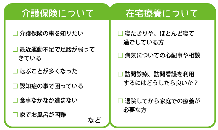 在宅訪問診療・介護支援についてこのような方は、在宅ケア相談室へお気軽にご相談ください。